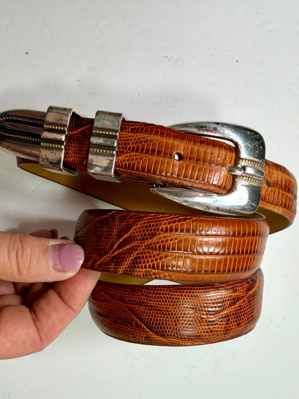 Vintage Italian Calfskin Leather Ranger Belt 38 Lizard Embossed Cognac Brown Y2K